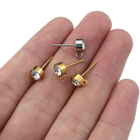 Steel Rhinestone Earring Posts  Studs with Loop Rings DIY Earrings -JW01620-Veeddydropshipping