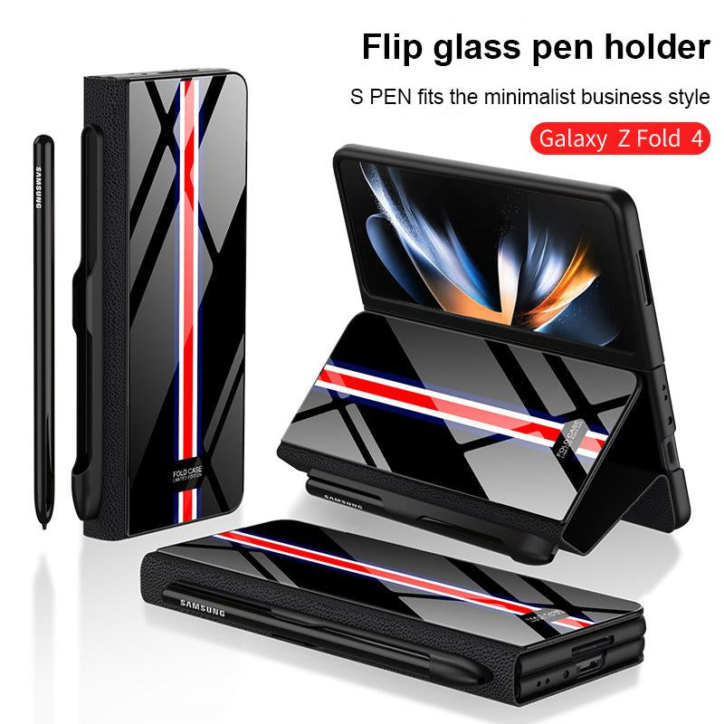 Classic Stripe Glass Phone Case For Samsung Galaxy Z Fold 4 Fold3 5G with Pen Slot FOLD3 Fold4-PA00611-Veeddydropshipping