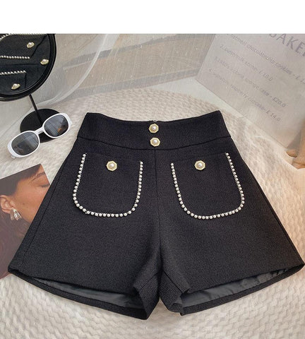 Casual High Waist Pocket  Tweed Shorts Women-WF00541-Veeddydropshipping
