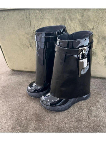 Leather Short Boots Round Head Lock Lock Shark Boots Women&#39;s-BS01033-Veeddydropshipping