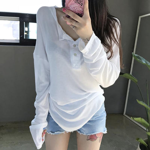 Thin Women Tops Long Sleeve Loose Button T Shirt-Veeddydropshipping