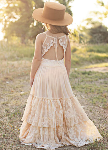 Princess Girls Lace Cotton Long Dresses Baby Kids Flower Girl Wedding-TB00849-Veeddydropshipping