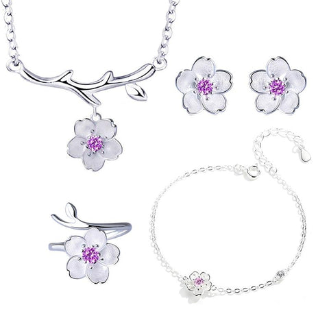 925 Sterling Silver Jewelry Sets Romantic Cherry Blossoms Flower -JW00341-Veeddydropshipping