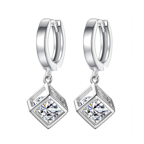 925 Silver Needle Drop Earrings Square Crystal Pendant Necklace -JW01334-Veeddydropshipping