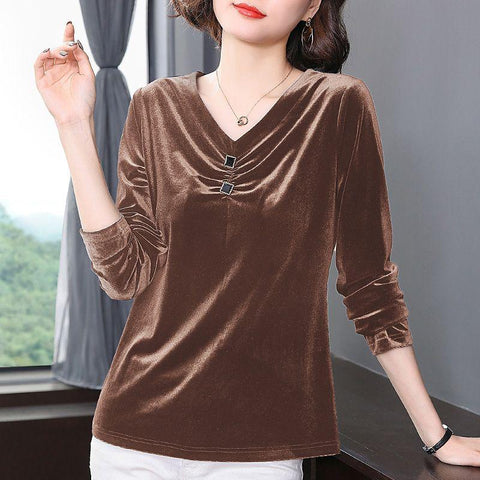 V-neck Velvet Tee Women Long Sleeve Oversized Loose T-Shirt-WF00270-Veeddydropshipping