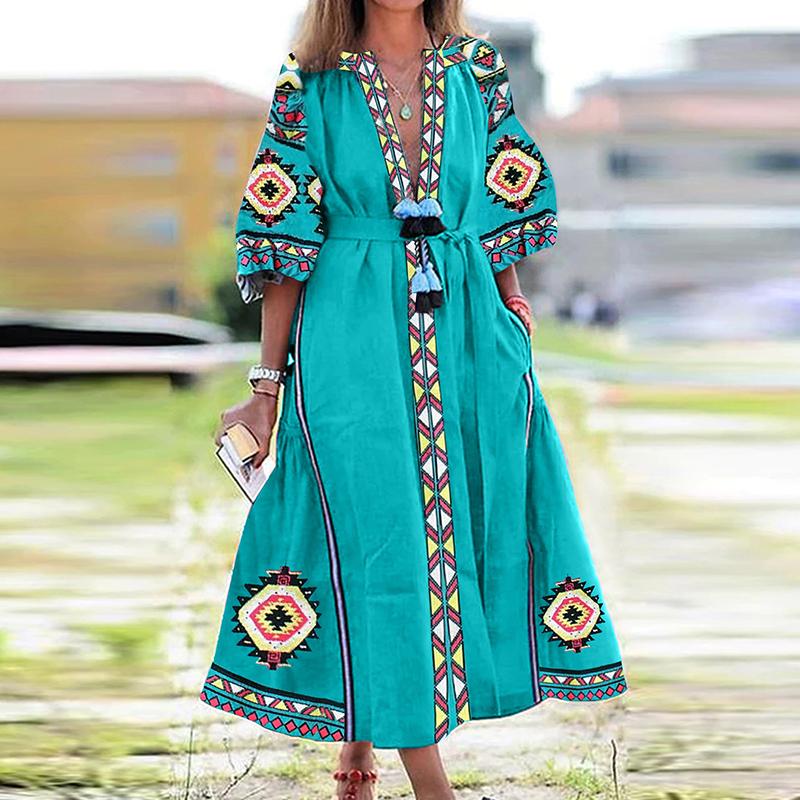 Elegant Sexy V-Neck Tassel Puff Sleeve Mid Length Dresses-Veeddydropshipping