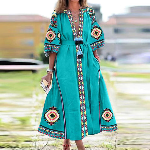 Elegant Sexy V-Neck Tassel Puff Sleeve Mid Length Dresses-Veeddydropshipping