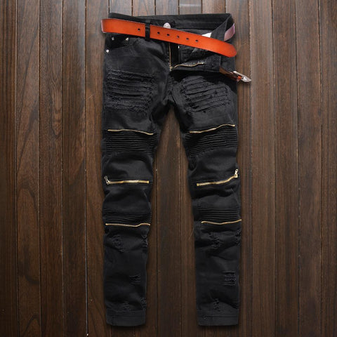 Fashion Biker Runway Hip hop Slim Jeans Knee zipper-MF00544-Veeddydropshipping
