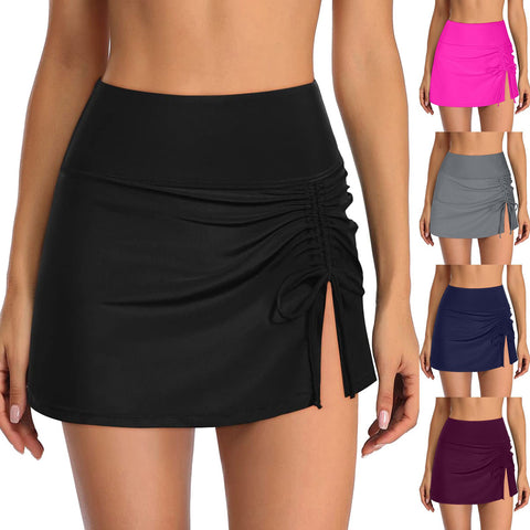 Swim Bottom With Built-in Briefs High Waisted Split Sporty Drawstring Swim -OS00231-Veeddydropshipping