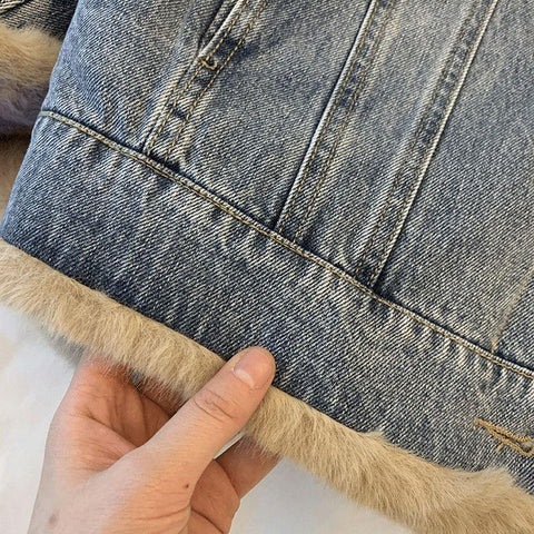 Women Lambskin Denim Coat With Fleece and Fluffy-Veeddydropshipping