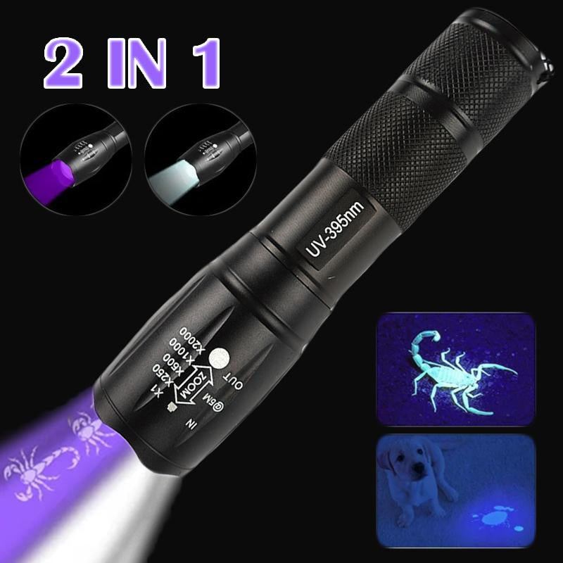 2 IN 1 Ultraviolet Flashlight Purple White Light Flashlight Zoom Fluorescent Black-TI00781-Veeddydropshipping