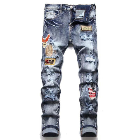 Jean Men Embroidery Patchwork Ripped Jeans Trend-MF00653-Veeddydropshipping