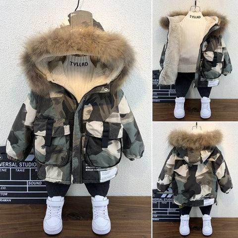 Winter boys coat baby Fur collar hooded plus velvet-Veeddydropshipping
