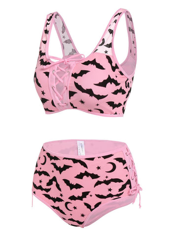 Bat Crescent Mesh Lace-Up Padded Bikini Set Women Fashion Summer Tankini Swimsuit -OS00075-Veeddydropshipping