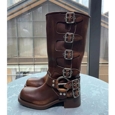 Women&#39;s Retro Brown Belt Buckle Round Head High-BS00992-Veeddydropshipping