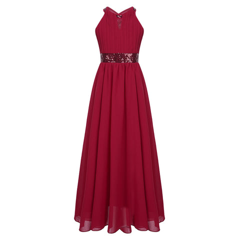 Kids Girls Shiny Sequin Chiffon Dress Sleeveless Cut-out Floor Length Party-TB00851-Veeddydropshipping