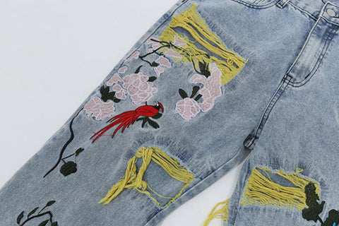 Mens Hole Embroidery Baggy Casual Denim Trousers Unisex-MF00585-Veeddydropshipping