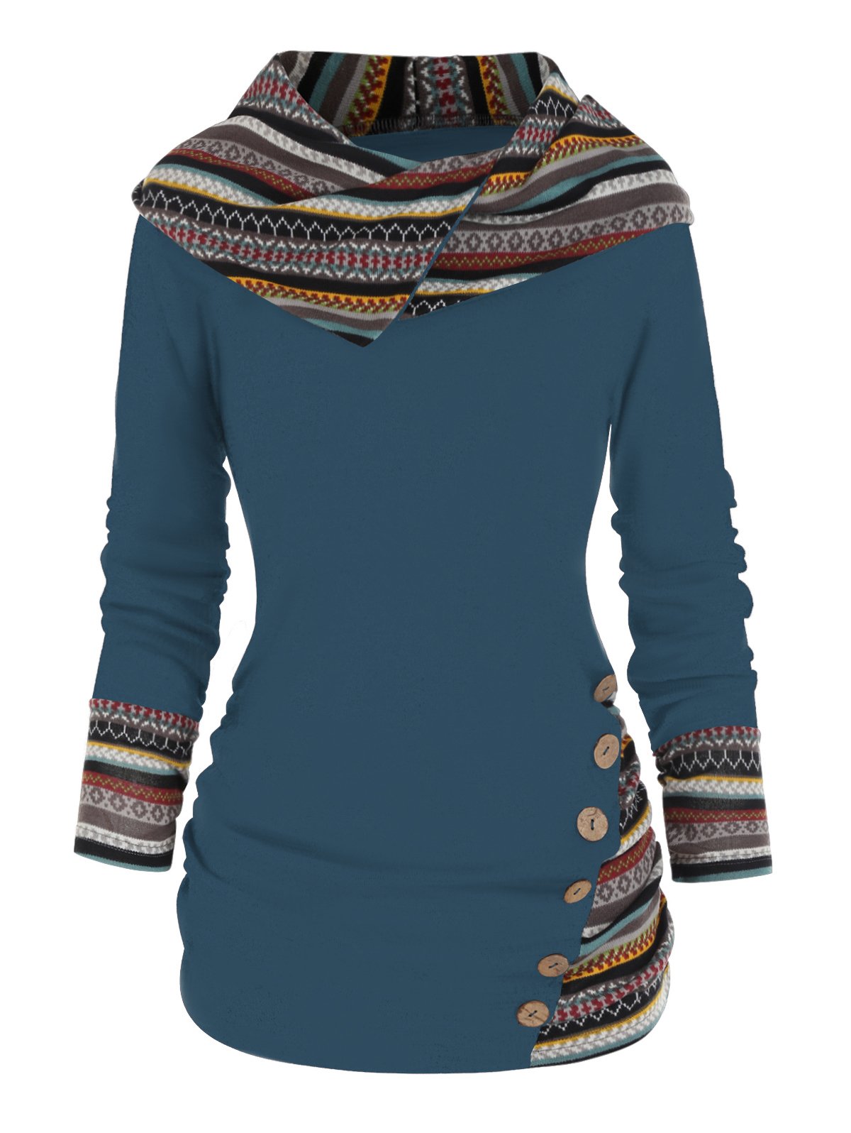 Tribal Geometric Stripe Panel Hooded Knit Top Long Sleeve-Veeddydropshipping