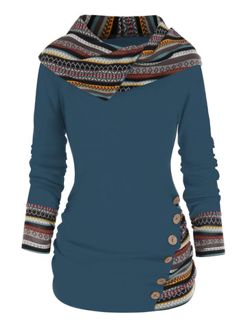 Tribal Geometric Stripe Panel Hooded Knit Top Long Sleeve-Veeddydropshipping