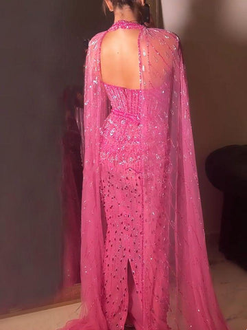Elegant Cape Sleeves Beaded Evening Dresses-WF01585-Veeddydropshipping