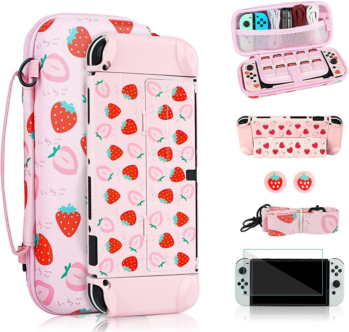 NS Oled Accessories Kit Hard Storage Case Pink Protective Shell Strawberry Cover Box -CE01501-Veeddydropshipping