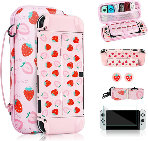 NS Oled Accessories Kit Hard Storage Case Pink Protective Shell Strawberry Cover Box -CE01501-Veeddydropshipping