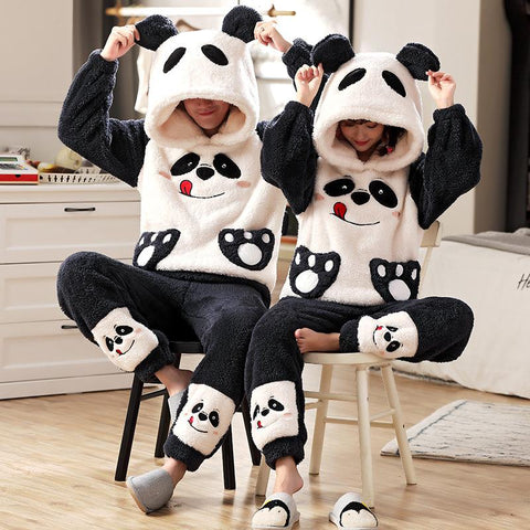 Thicken Warm Pajamas Set For Couple Winter Animal Ears Hoodie Women-MF01583-Veeddydropshipping