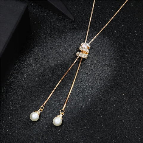 Fashion Metal Crystal Pearl Long Chain Sweater Necklace Jewelry-JW01292-Veeddydropshipping