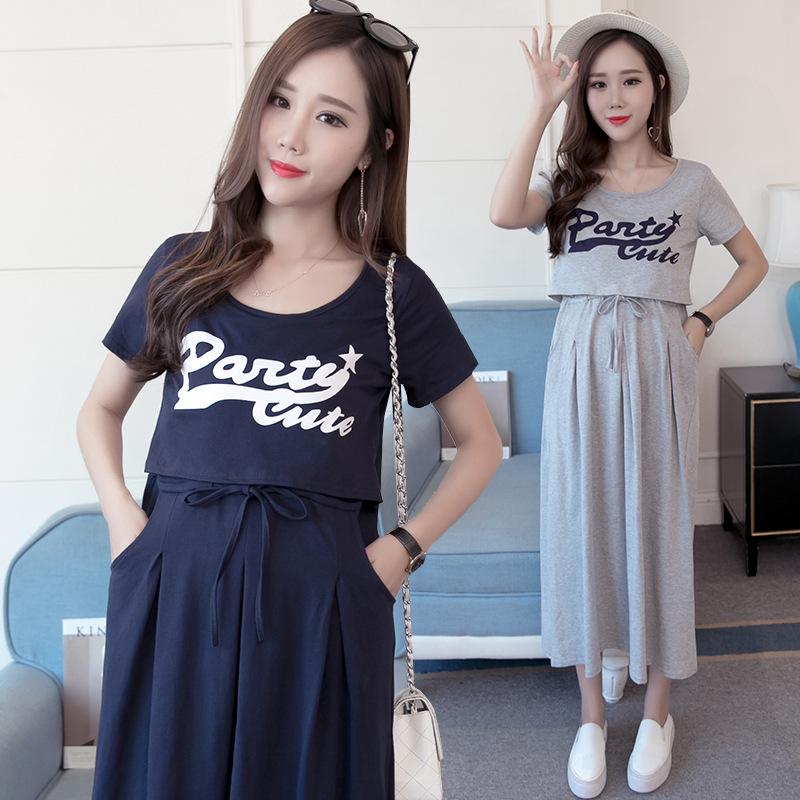 Maternity Nursing Dresses Fashion Short Sleeve Breastfeeding Tops Mid Long-TB00595-Veeddydropshipping