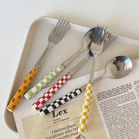 Stainless Steel Knife Fork Spoon with Checkerboard-HA01322-Veeddydropshipping