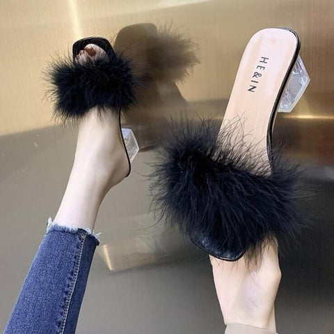 Heels Woman Feather Fur Slippers Pumps Women Cute-BS01232-Veeddydropshipping