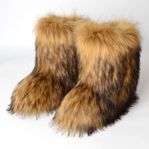 Furry Faux Fox Fur Boots Woman Plush Warm Platform Shoes-BS00982-Veeddydropshipping