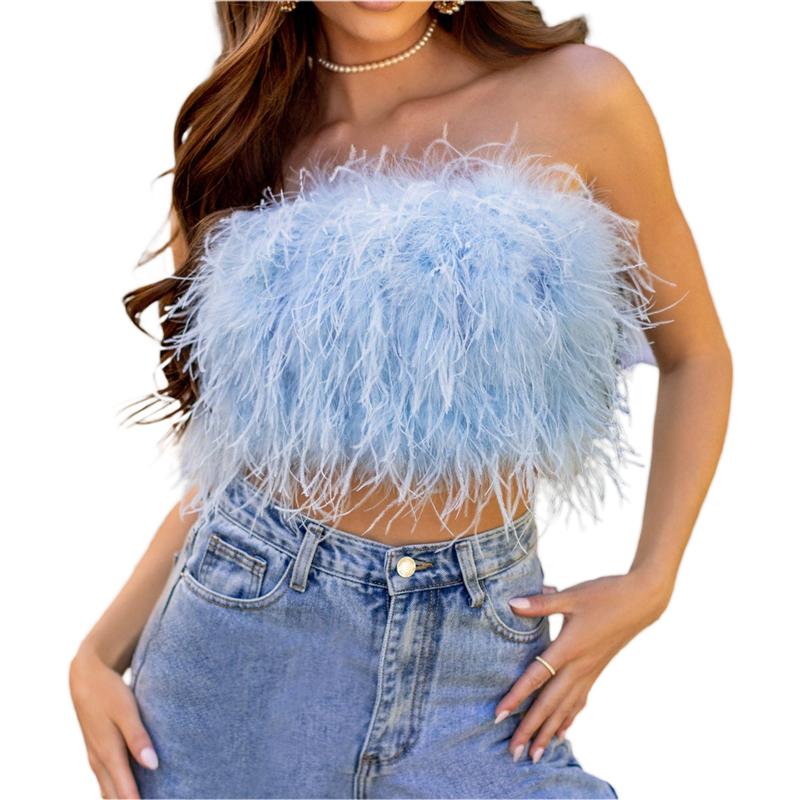 Women Solid Color Furry Feather Strapless T-Shirt Off Shoulder-WF00315-Veeddydropshipping