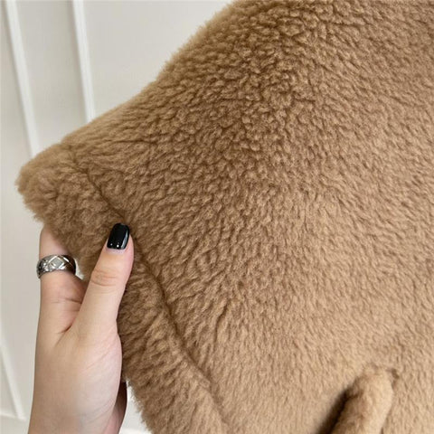 Female Winter Camel Jacket Gray Sheep Wool Coat-WF00213-Veeddydropshipping