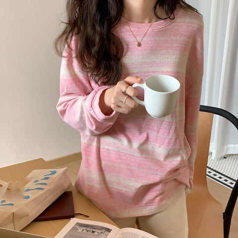 Women Striped Long Sleeve T-Shirt Korean Style Oversized-WF00248-Veeddydropshipping