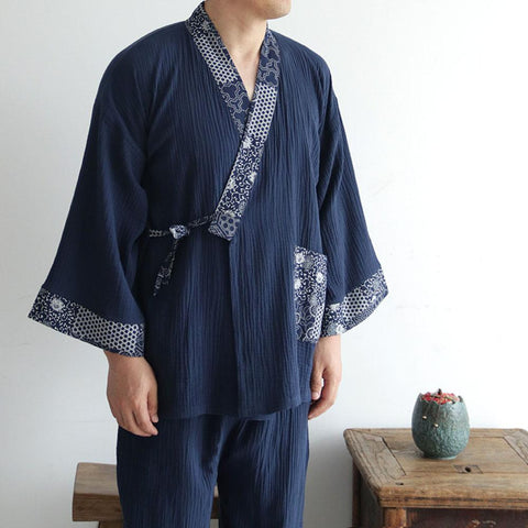 Pajamas Men Long-sleeve Trousers Cotton Casual Home Service Two-piece Suit Comfortable-MF01590-Veeddydropshipping