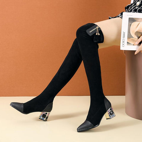 Stretch Fabric Rhinestone High-heeled Boots Winter Sexy-BS00924-Veeddydropshipping