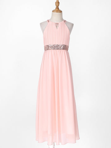 Kids Girls Shiny Sequin Chiffon Dress Sleeveless Cut-out Floor Length Party-TB00851-Veeddydropshipping