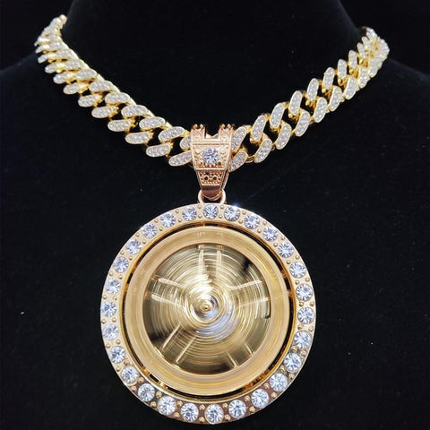 Men Hip hop Iced out Bling Rotatable Maple Leaf Pendant Necklace  -JW00270-Veeddydropshipping