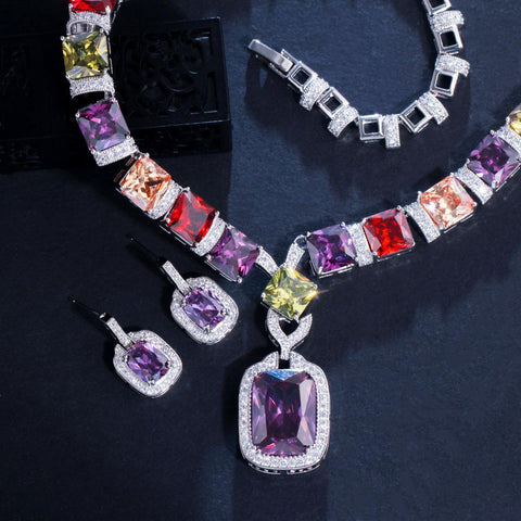 Trendy Colorful  Diamond Jewelry set White Gold Earrings Necklace -JW00188-Veeddydropshipping