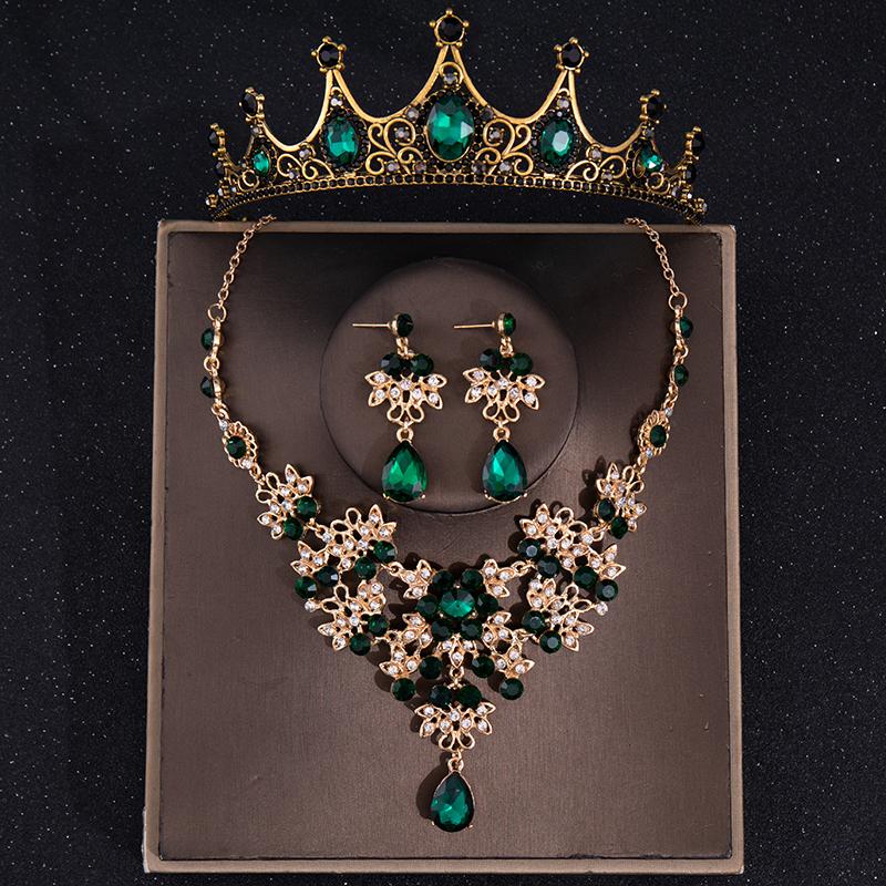 Vintage Green Crystal Bridal Jewelry Sets Rhinestone  -JW00313-Veeddydropshipping