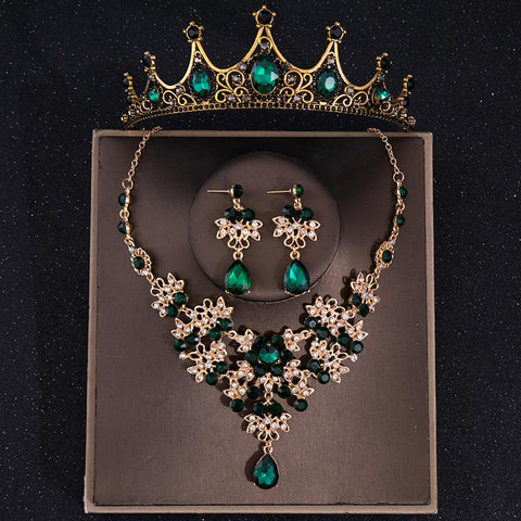 Vintage Green Crystal Bridal Jewelry Sets Rhinestone  -JW00313-Veeddydropshipping