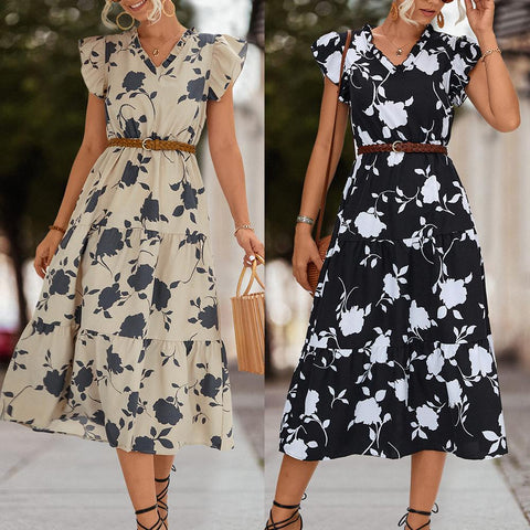 Casual Floral Printed V-Neck Mid-Calf Dress-WF00024-Veeddydropshipping