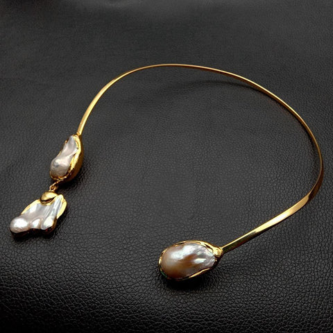 Natural White Freshwater Pearl Yellow Gold color Plated Choker Necklace  -JW00144-Veeddydropshipping