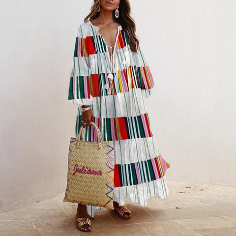 Elegant Sexy V-Neck Tassel Puff Sleeve Mid Length Dresses-Veeddydropshipping