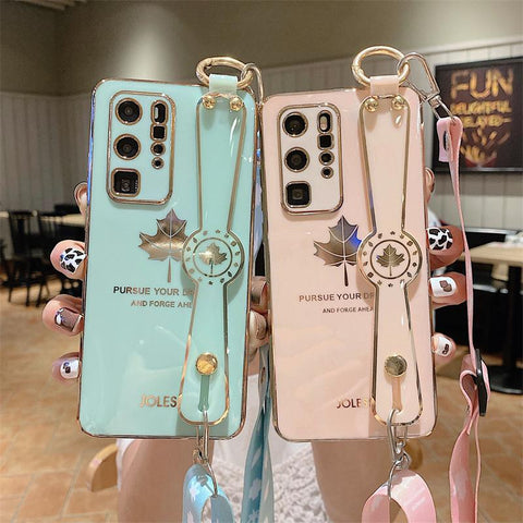 Luxury Plating Maple Wrist Strap Phone Holder Case for Samsung S21 FE-PA00225-Veeddydropshipping