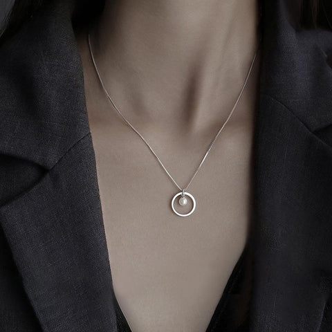 Silver Delicate Round Pearl Pendant Necklace  -JW00291-Veeddydropshipping