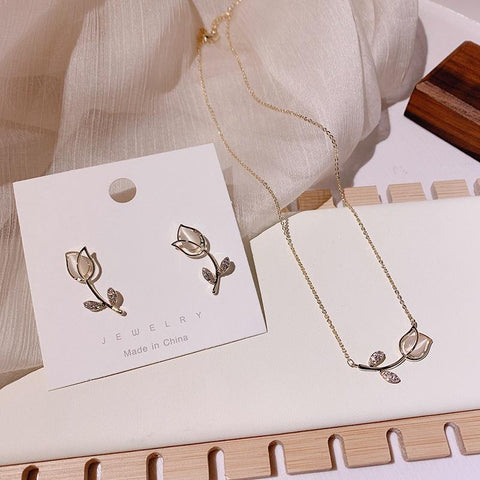 Pink Cherry Blossom Clavicle Chain Jewelry Set -JW00310-Veeddydropshipping