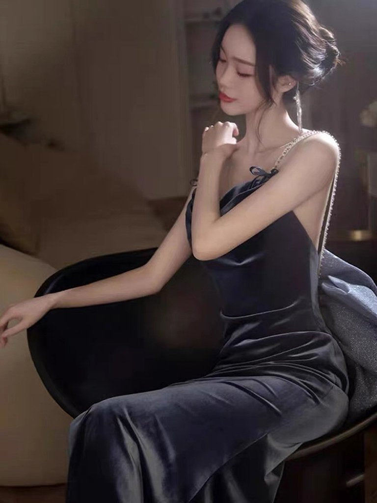 Velvet Prom Evening Dress Mermaid Strap Sleeveless-Veeddydropshipping