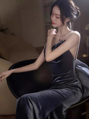 Velvet Prom Evening Dress Mermaid Strap Sleeveless-Veeddydropshipping